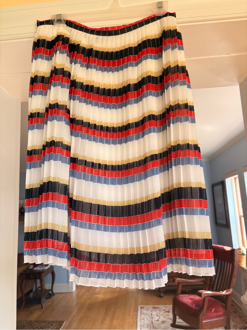 Worth Pleated Striped Midi Skirt - Red, Blue, Black, Cream